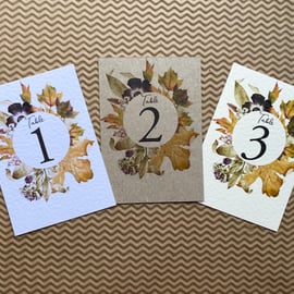 Autumn dry leaves wedding TABLE NUMBERS floral wreath gold leaves rustic A6 card