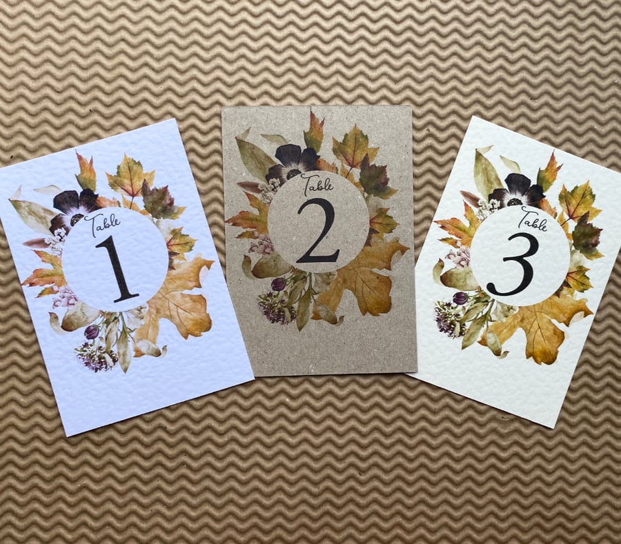 Autumn dry leaves wedding TABLE NUMBERS floral wreath gold leaves rustic A6 card