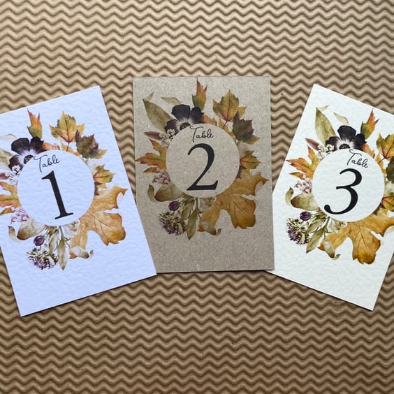 Autumn dry leaves wedding TABLE NUMBERS floral wreath gold leaves rustic A6 card
