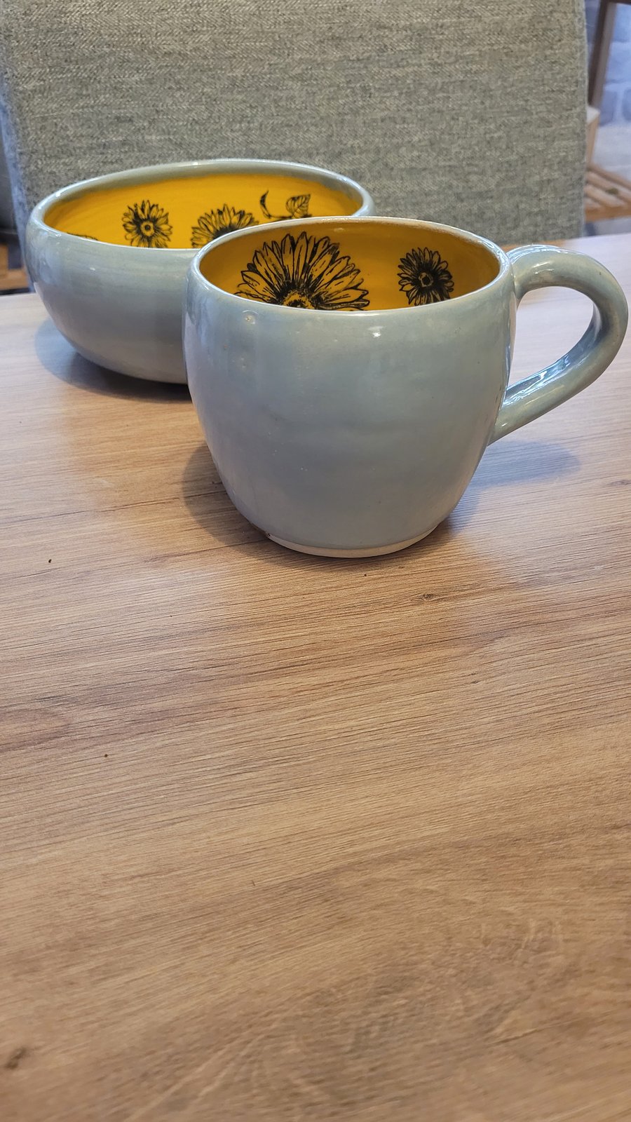Breakfast Set including Mug and Bowl with Sunflower Pattern Handmade Pottery