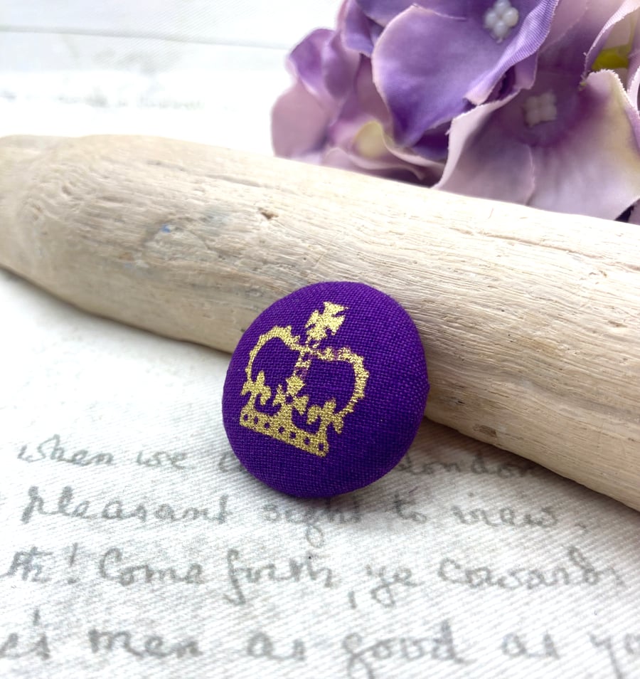Perfectly Imperfect - Gold crown on purple fabric button brooch