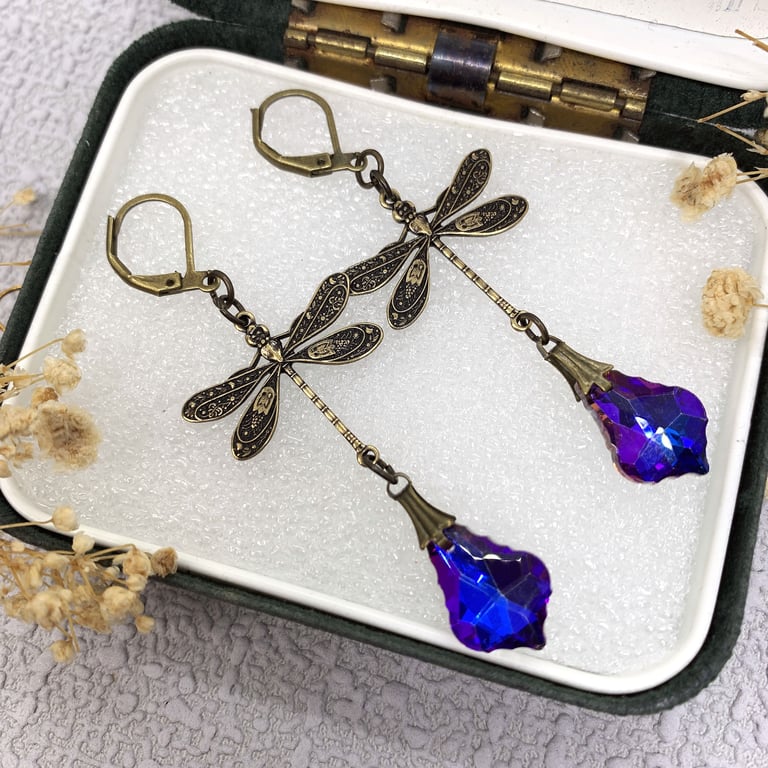 Vintage Style Antique Gold Dragonfly and Blue Glass Crystal Drop Earrings
