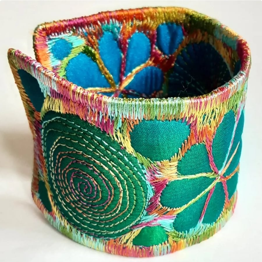 Cuff - Fabric Bracelet with Free Machine Embroidery 
