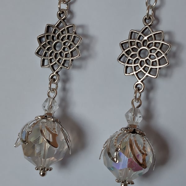 Silver Lotus Flower and Aurora Borealis Crystal Earrings - 8 closures