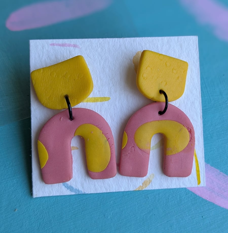 Pink and yellow fimo dangly earrings 