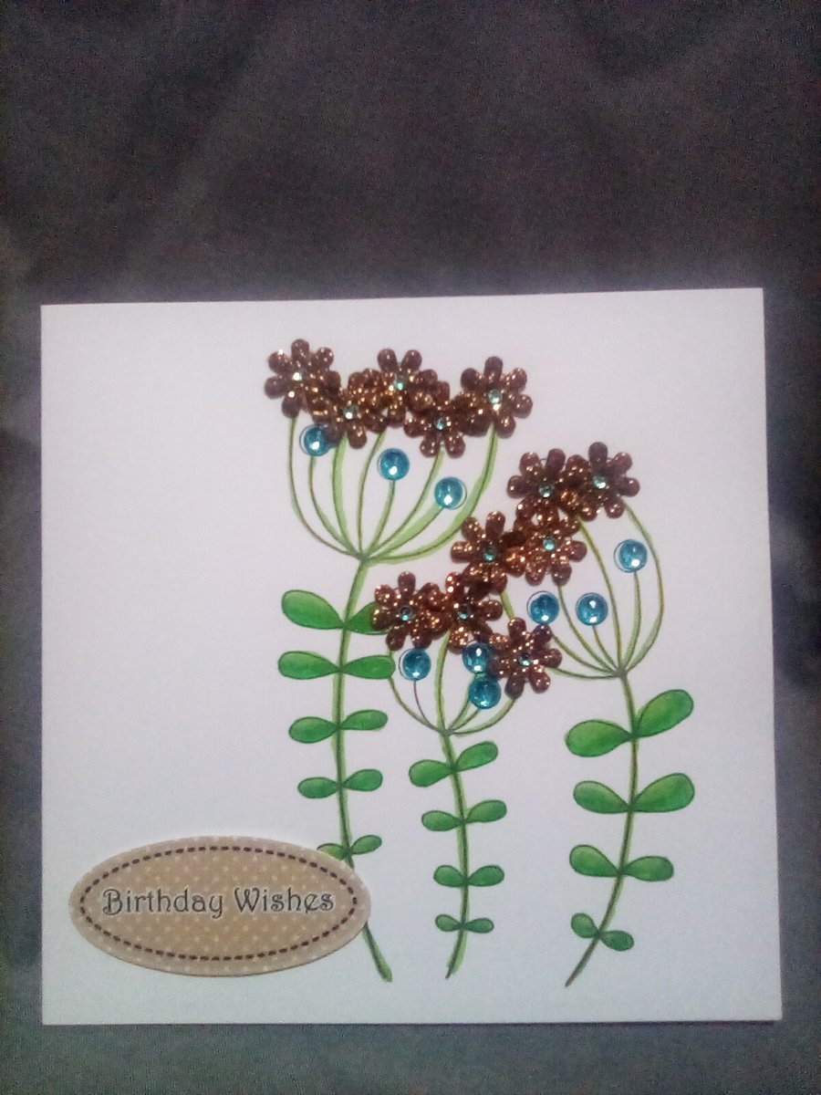 Handmade flower watercolour and embellished  Birthday card