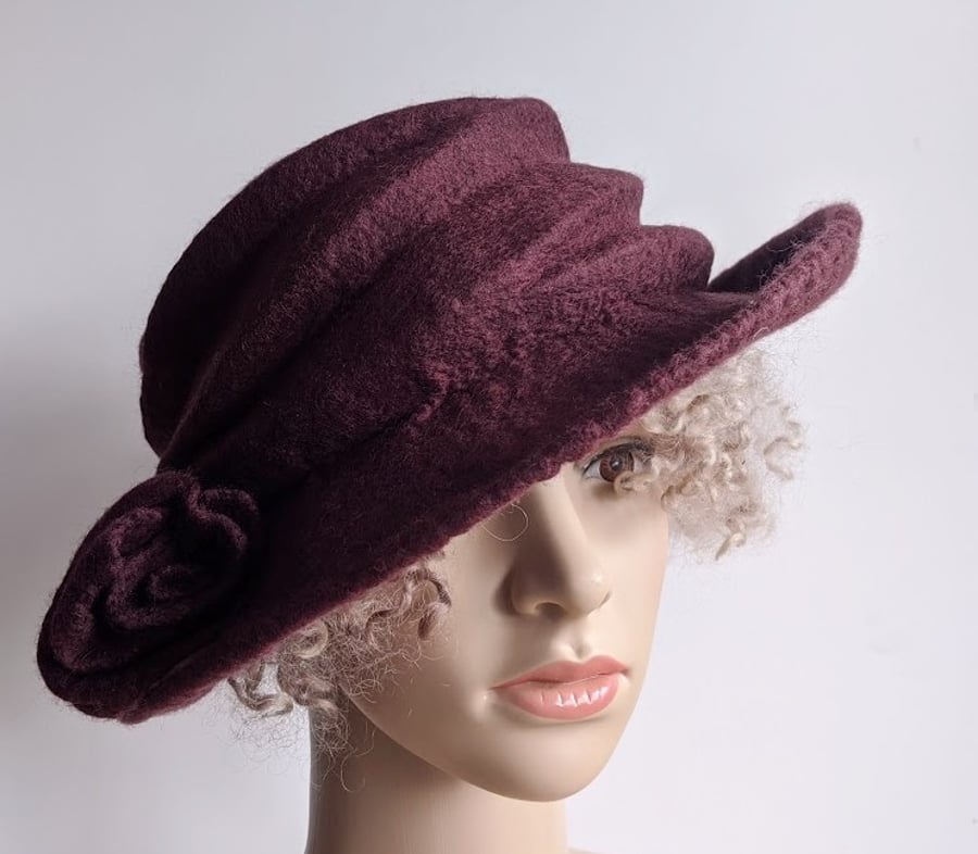 Maroon felted wool hat - 'The Crush' - designed to pack flat