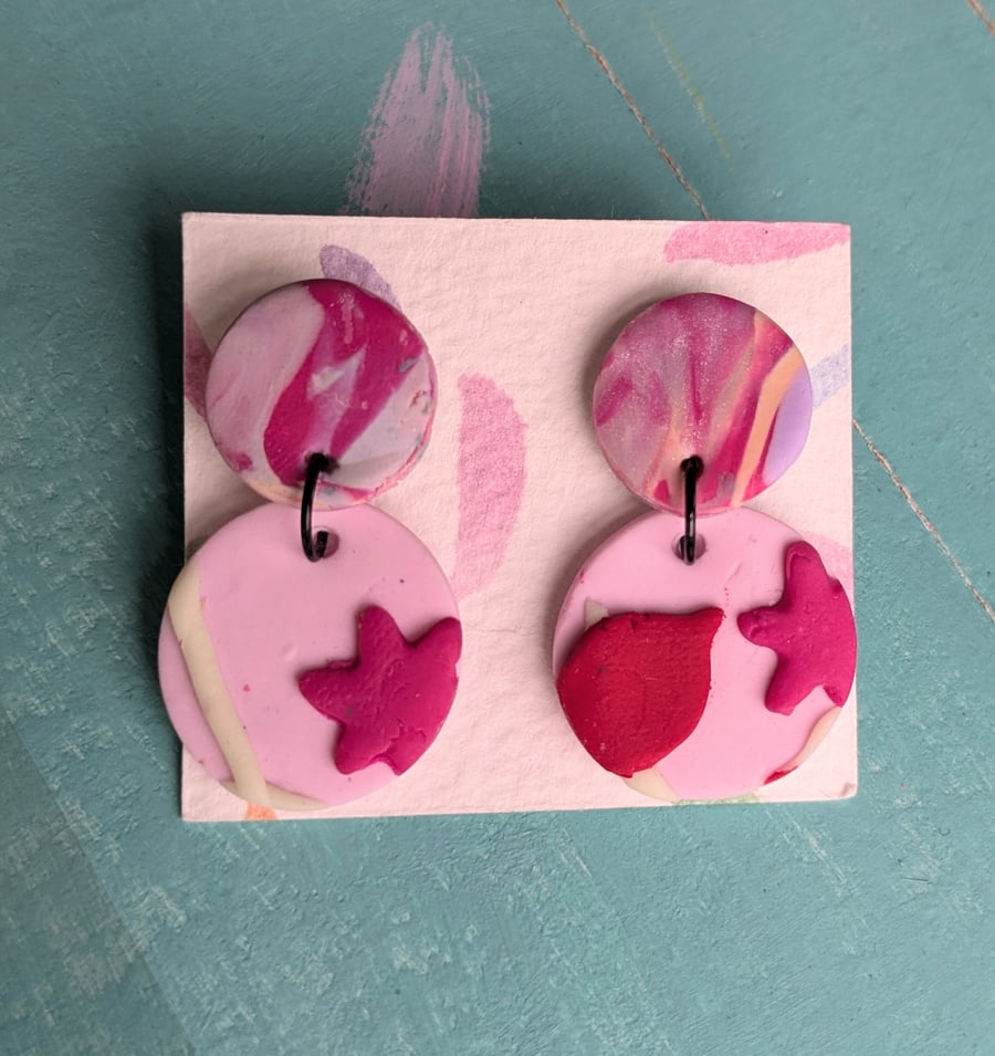 Pink dangly earrings, marbled pink with flowers, lightweight earrings
