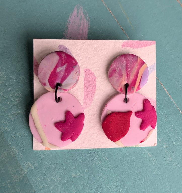 Pink dangly earrings, marbled pink with flowers, lightweight earrings