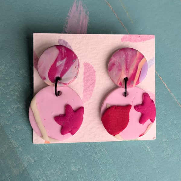 Pink dangly earrings, marbled pink with flowers, lightweight earrings