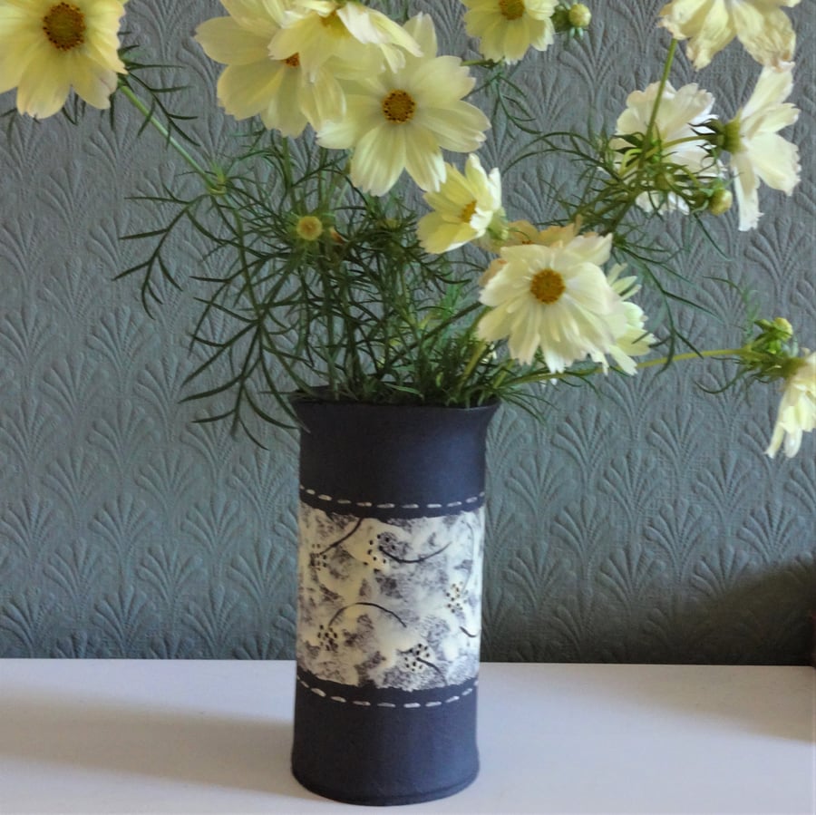Flower vase, handmade ceramic bud vase, black pottery, seed motif, lemon yellow.