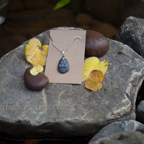 Welsh River Stone Pendant with Celtic Triskele Charm