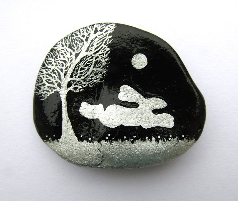 Bunny Rabbit Magnet, Painted Shell, Easter Gift, Hare Moon Tree, Seashell Art