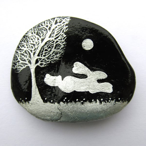 Bunny Rabbit Magnet, Painted Shell, Easter Gift, Hare Moon Tree, Seashell Art
