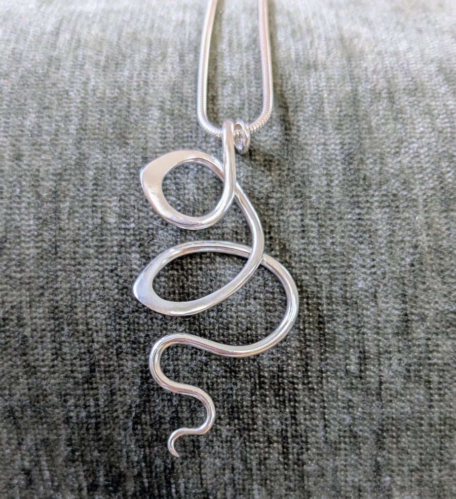 Swirly Sterling Silver Pendant on Long Silver Snake Chain Necklace