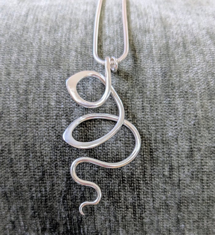 Swirly Sterling Silver Pendant on Long Silver Snake Chain Necklace