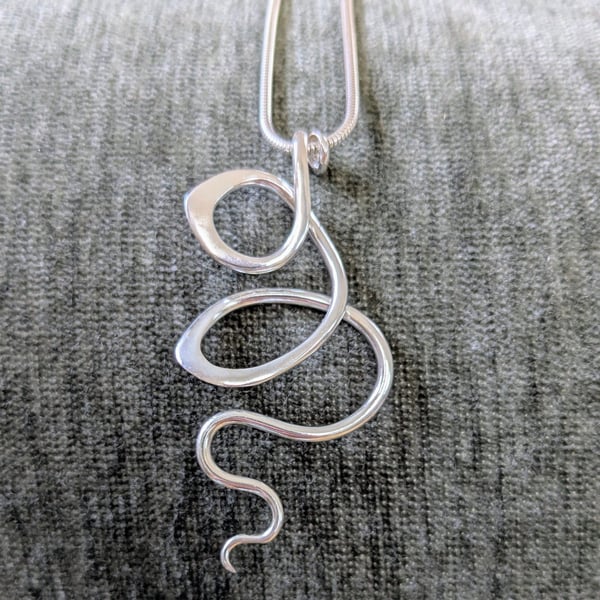 Swirly Sterling Silver Pendant on Long Silver Snake Chain Necklace