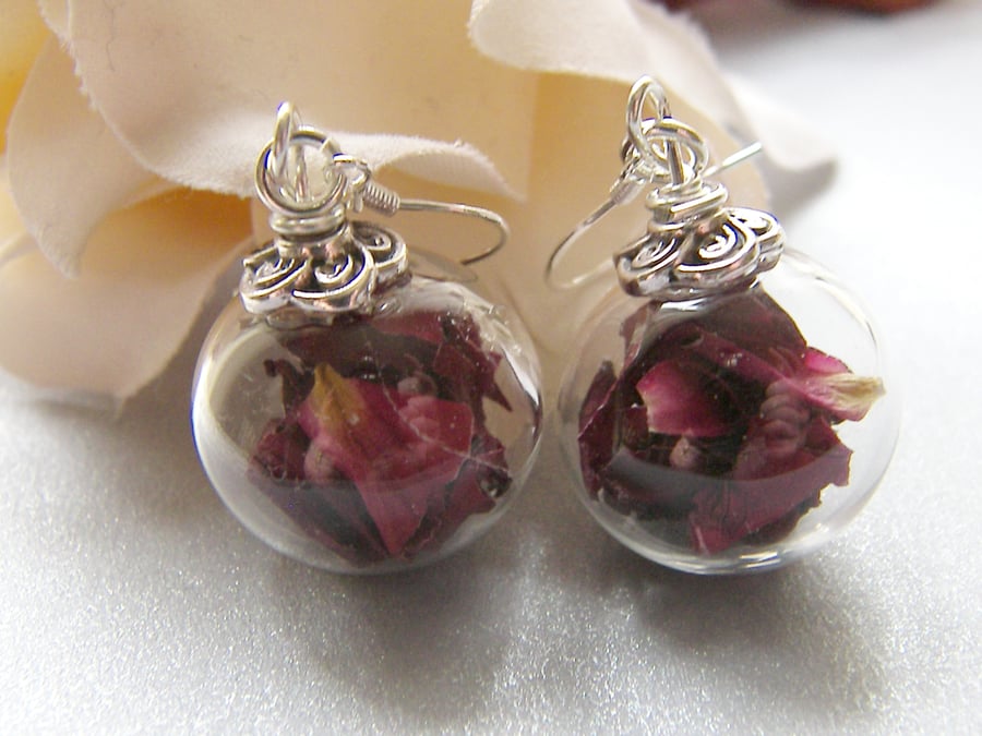 Real Rose Petals Earrings in Hand Blown Glass Beads - PETAL 