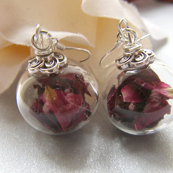 Real Rose Petals Earrings in Hand Blown Glass Beads - PETAL 