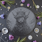 Crowned Highland Cow Slate Coaster – 10cm, Scottish Gothic Homeware