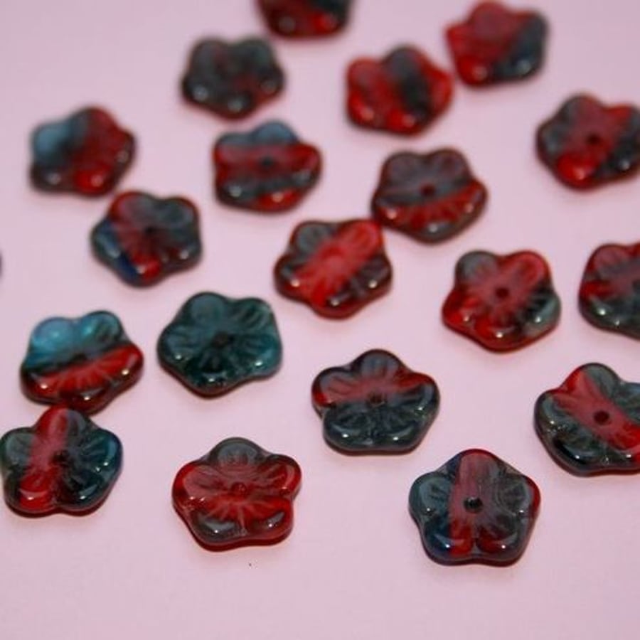 10pcs - Czech glass flower beads - grey&red
