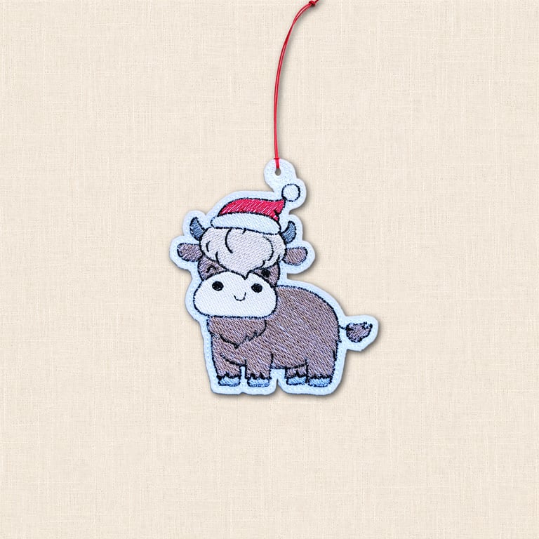 Festive Highland Cow Christmas Decoration - Embroidered Felt Ornament