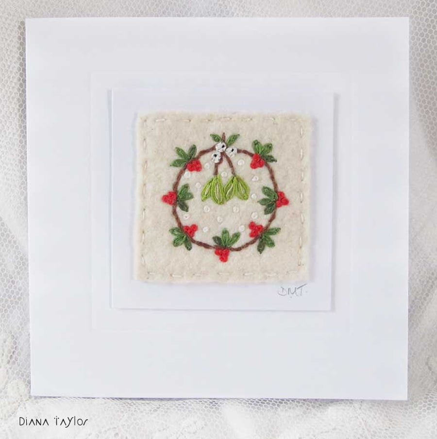 HAND EMBROIDERED CHRISTMAS CARD WINTER FOLIAGE WREATH