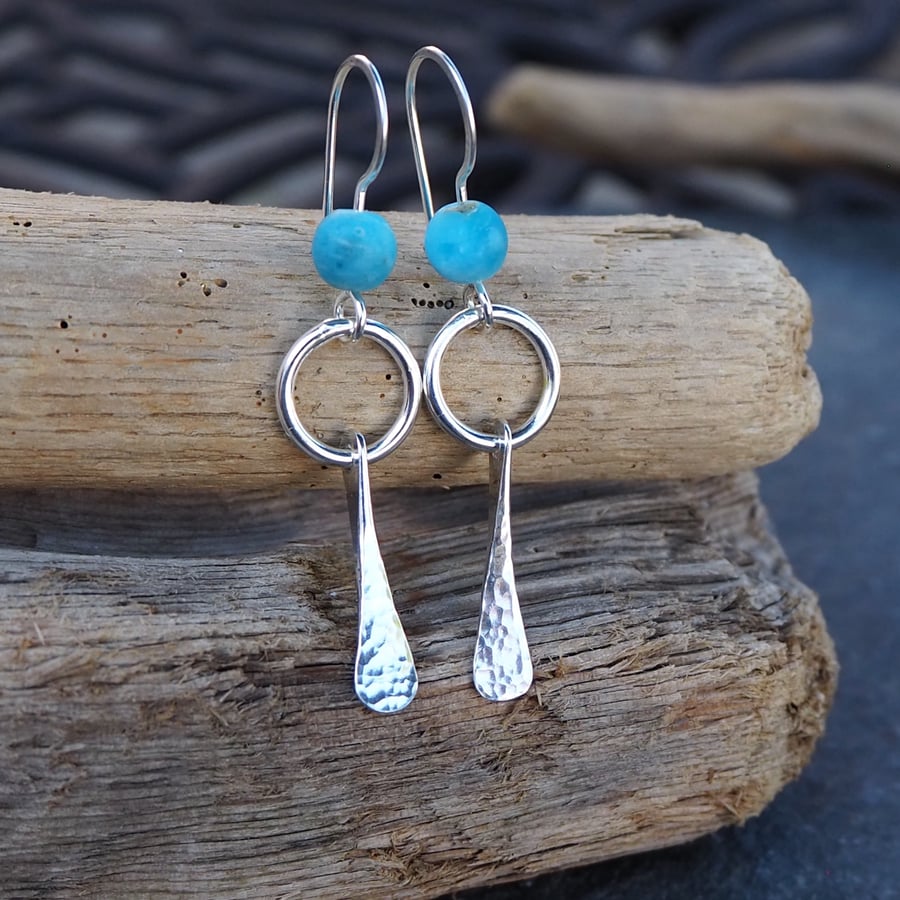 Forged Silver Dangle Hoop Earrings with Teal Frosted Apatite Beads