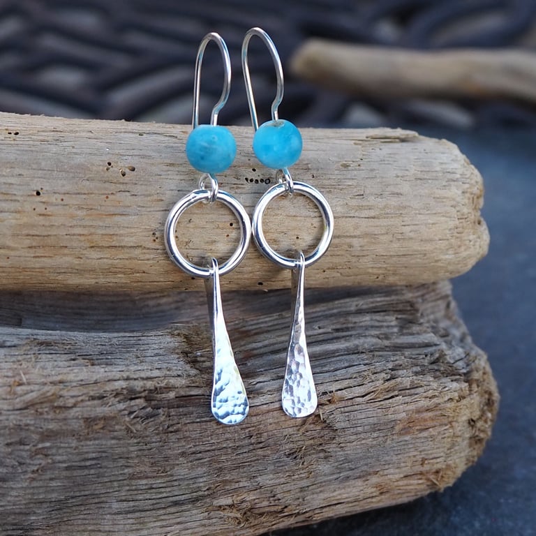 Forged Silver Dangle Hoop Earrings with Teal Frosted Apatite Beads