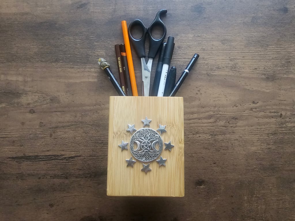 Tree of Life and Silver Star design UPCYCLED natural wood pen, brush holder pet