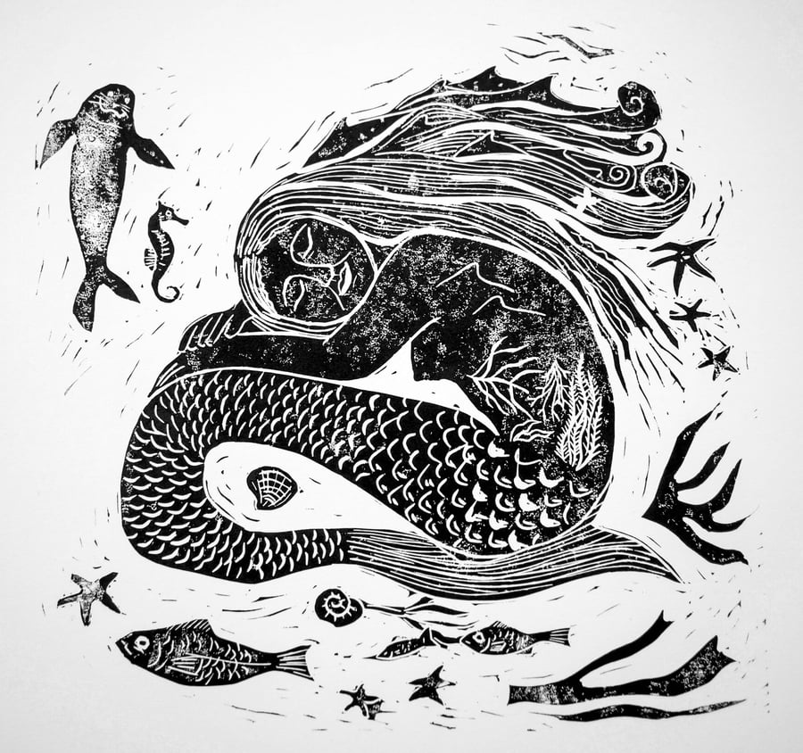 Linocut Mermaid Print Sleeping, Sea Siren