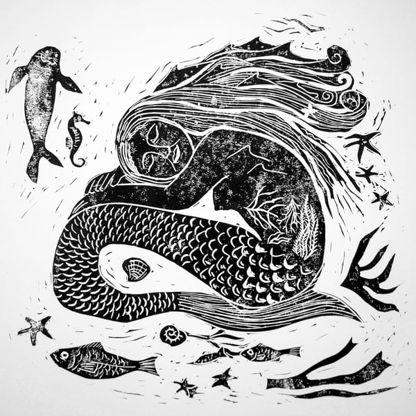 Linocut Mermaid Print Sleeping, Sea Siren