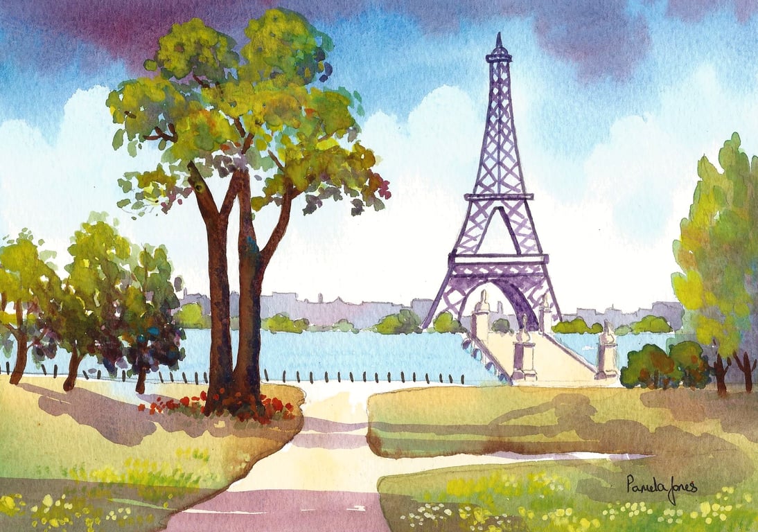The Eifel Tower, Paris, France, Watercolour Print, in 14 x 11 ''Mount