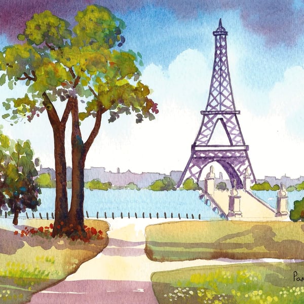The Eifel Tower, Paris, France, Watercolour Print, in 14 x 11 ''Mount