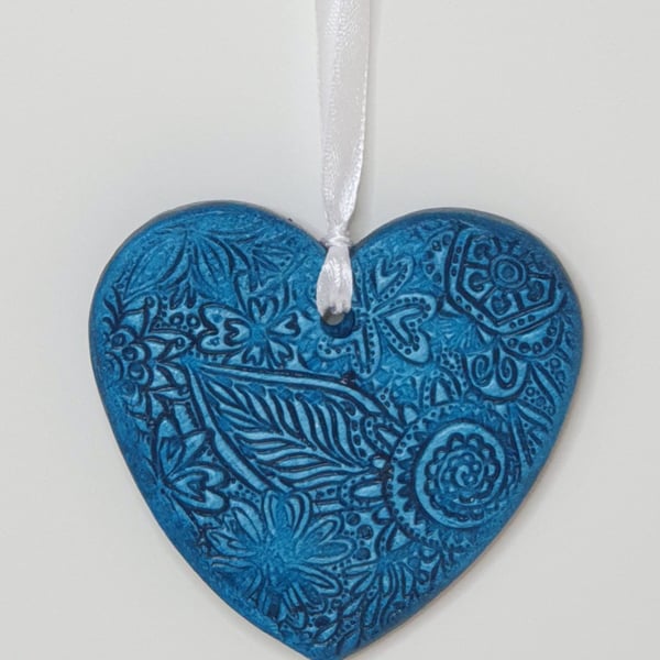 Blue heart clay hanging decoration, anniversary, birthday gift for her 