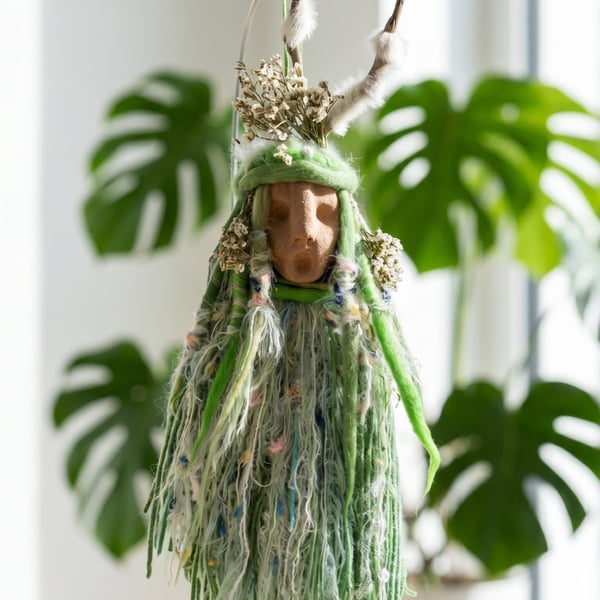 Handmade Green Spirit Doll – Forest Guardian Art Doll – Mossveiled Fiber Art – N