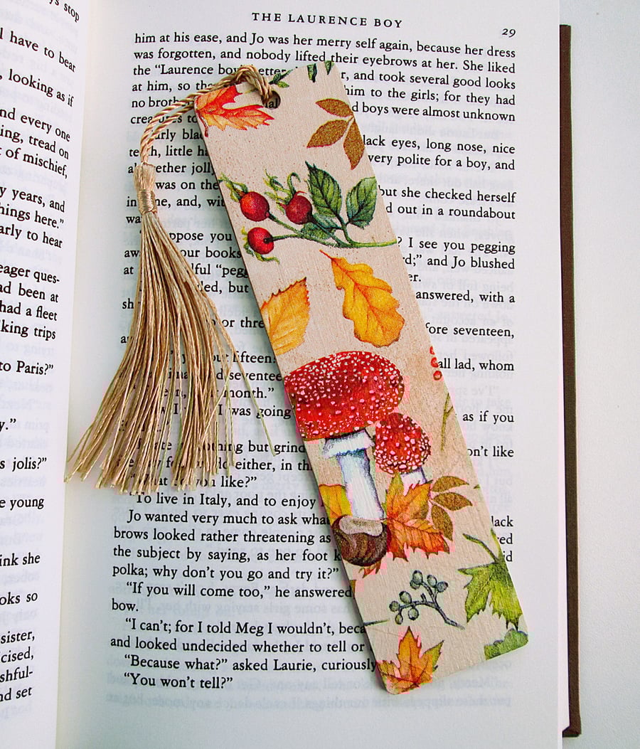 Autumn leaves and toadstool wood decoupage bookmark with tassel