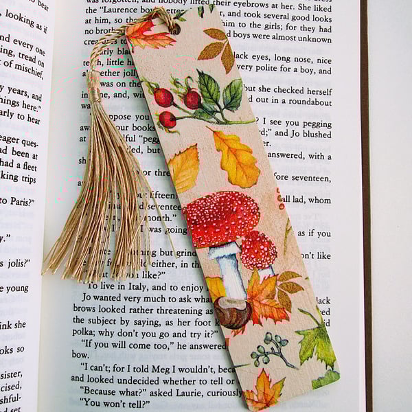 Autumn leaves and toadstool wood decoupage bookmark with tassel