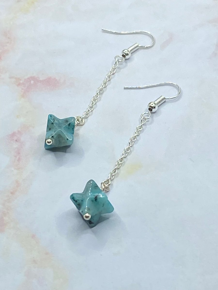 Kiwi jasper stone drop earrings on silver plated chain