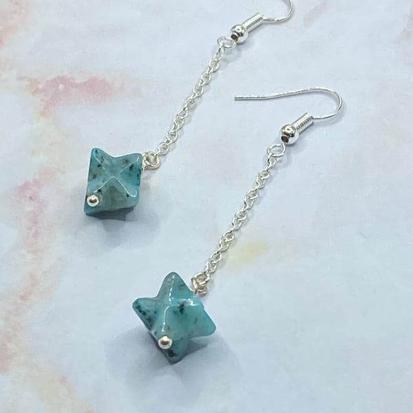 Kiwi jasper stone drop earrings on silver plated chain