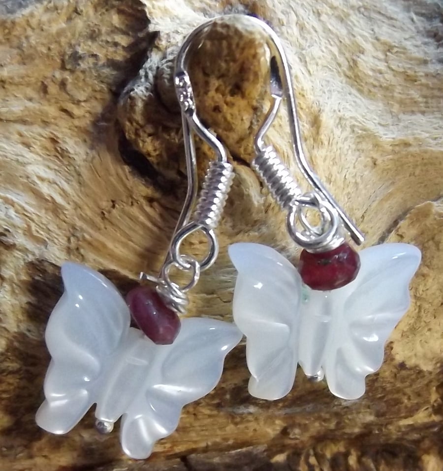 Sterling silver pearl butterfly and ruby earrings
