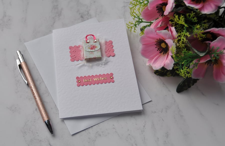 Birthday Card Pink Floral Gift Bag Best Wishes 3D Luxury Handmade Card