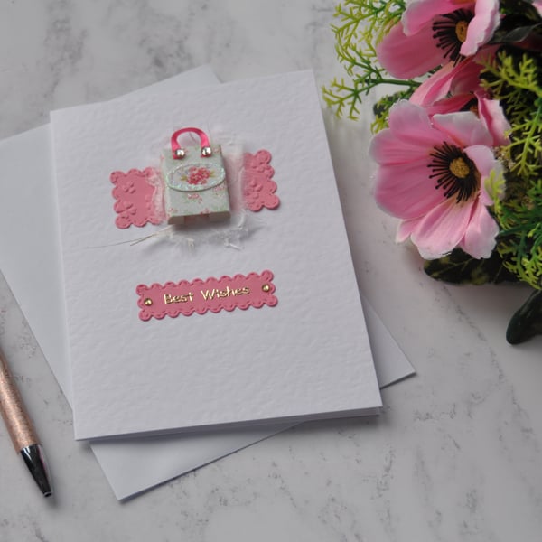 Birthday Card Pink Floral Gift Bag Best Wishes 3D Luxury Handmade Card