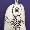 Hand Screen Printed Caveman Lavender Bag with 1960’s Floral Fabric 