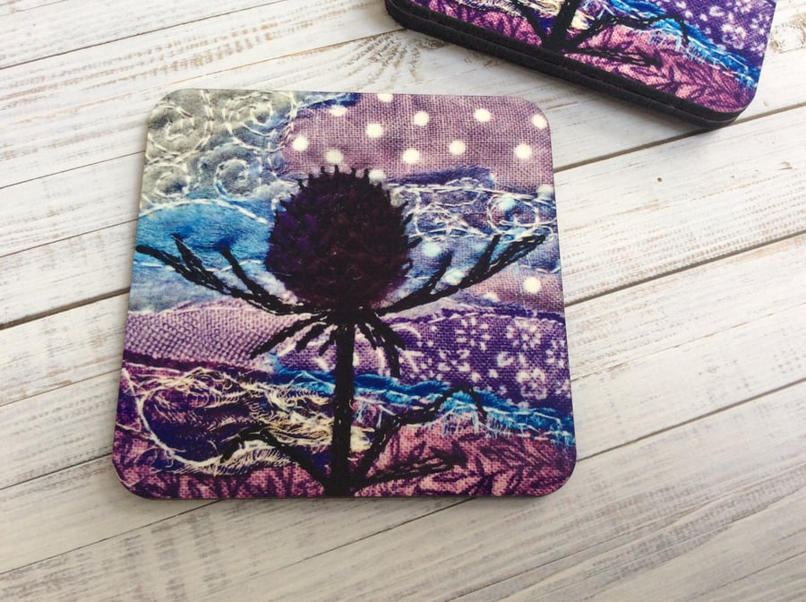 Purple Thistle Flower patchwork coaster.