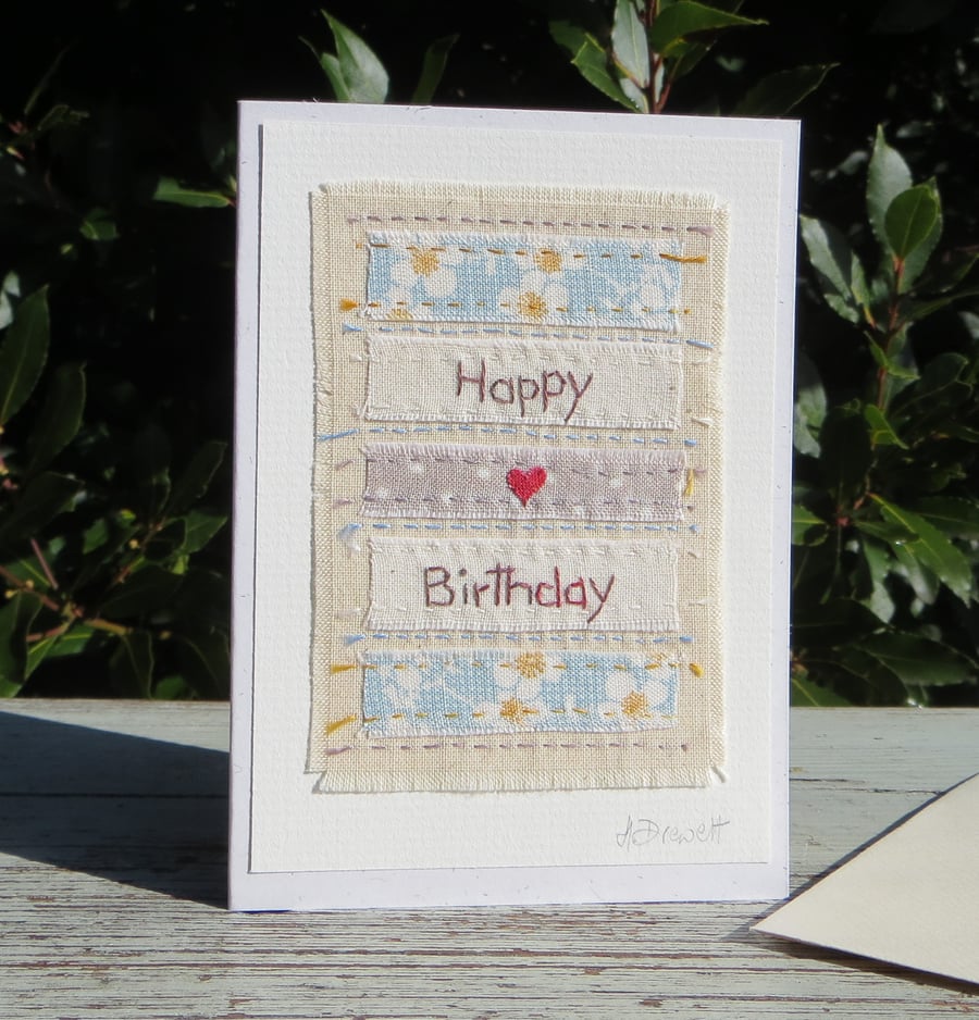 Hand  stitched Happy Birthday card with stitched words