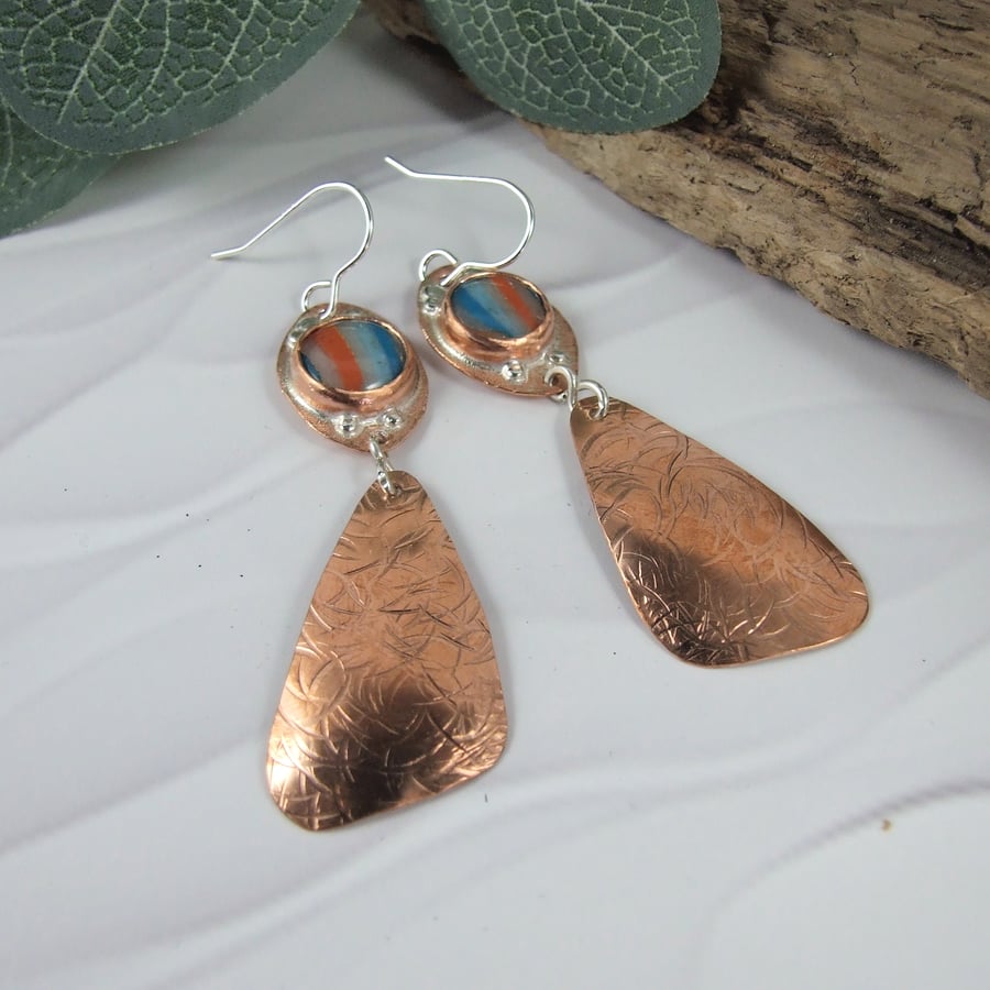 Earrings, Copper and Sterling Silver Droppers with Polymer Clay Element
