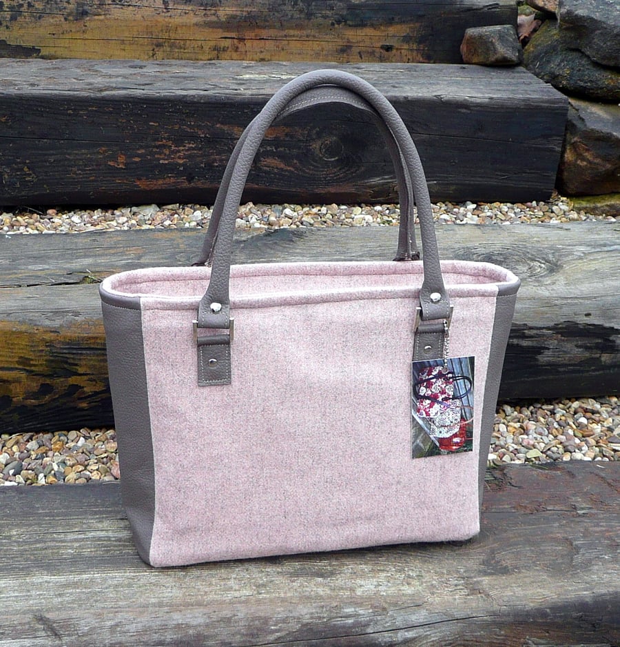 Pink wool tweed and grey leather zip top handbag 