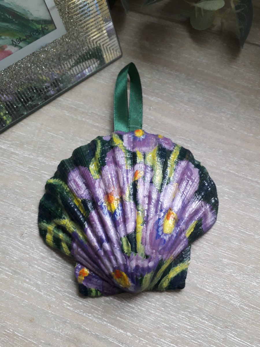 Purple iris, handpainted shell wall art.  