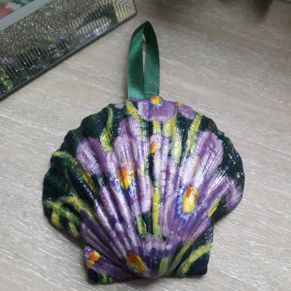 Purple iris, handpainted shell wall art.  